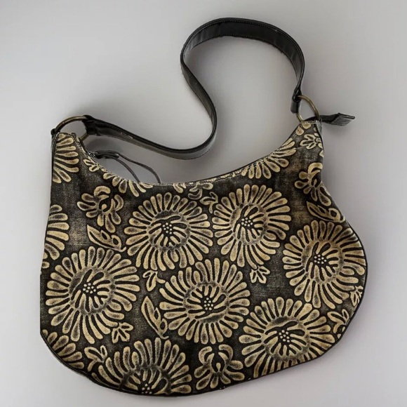 Nine West Brown And Gold Flower Patterned Shoulder Bag. 100% Cotton/Faux Leather - Picture 1 of 9